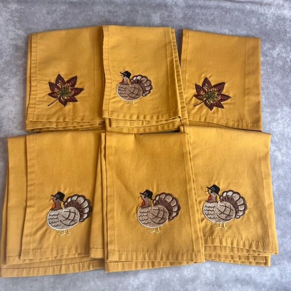 Set/6 Handmade Thanksgiving Turkey & Fall Leaf Square Napkins Holiday Table READ - Picture 1 of 12